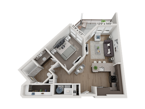 Floor plan for 1 bed, 1 bath, 680 sqft